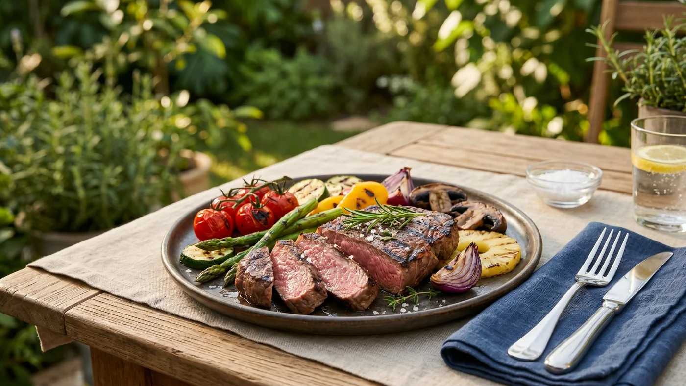 Prato de carne kosher com legumes grelhados em mesa externa