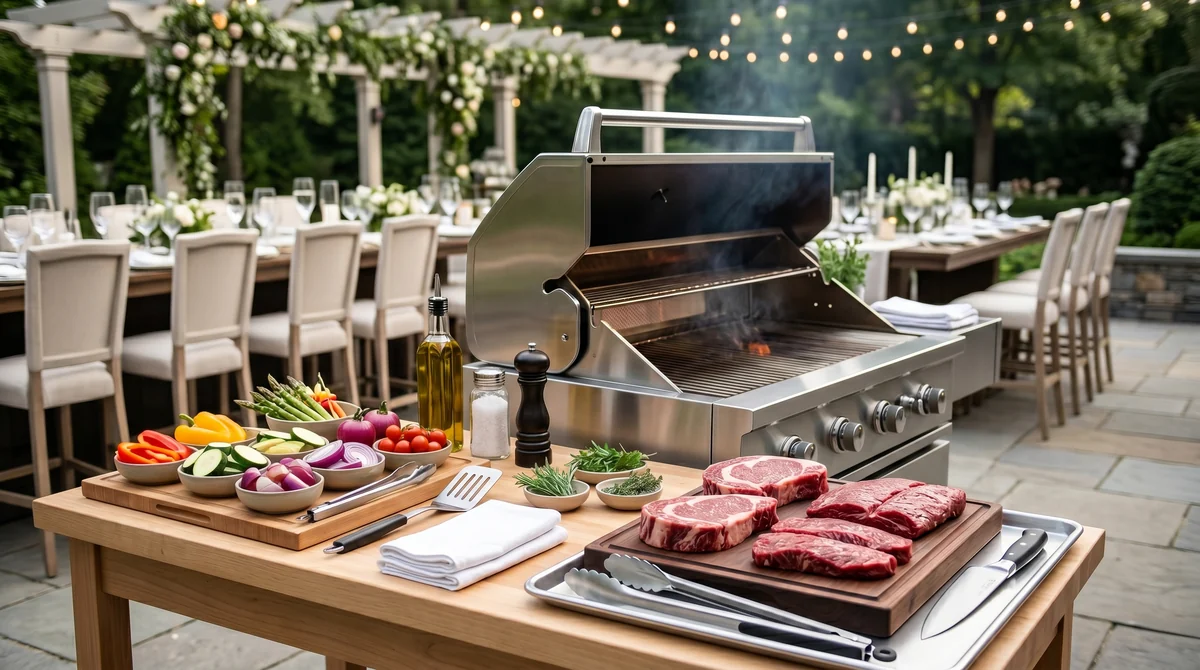 Estação de churrasco kosher organizada com churrasqueira, carne e utensílios para evento