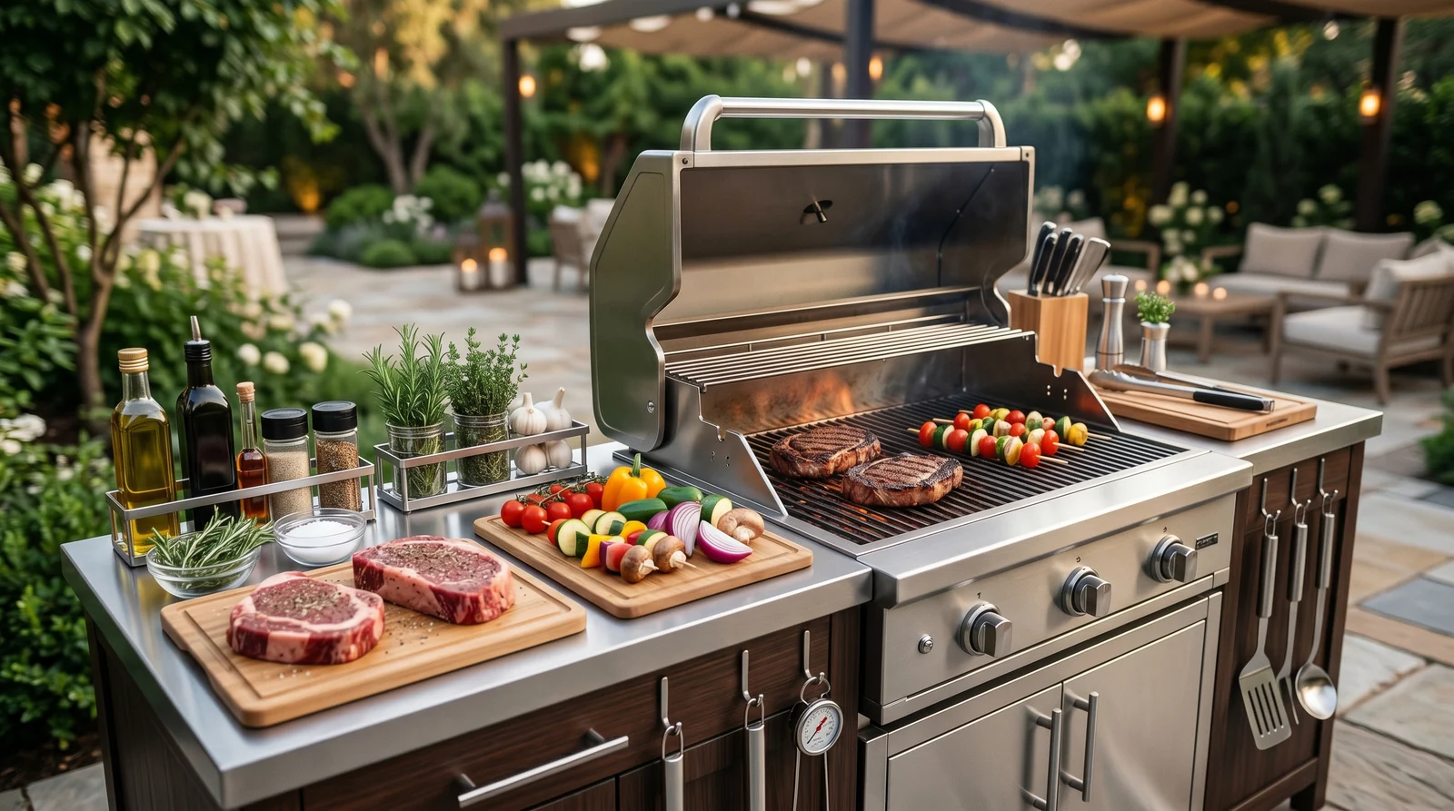 Estação de churrasco kosher organizada com churrasqueira, carne, legumes e utensílios para evento