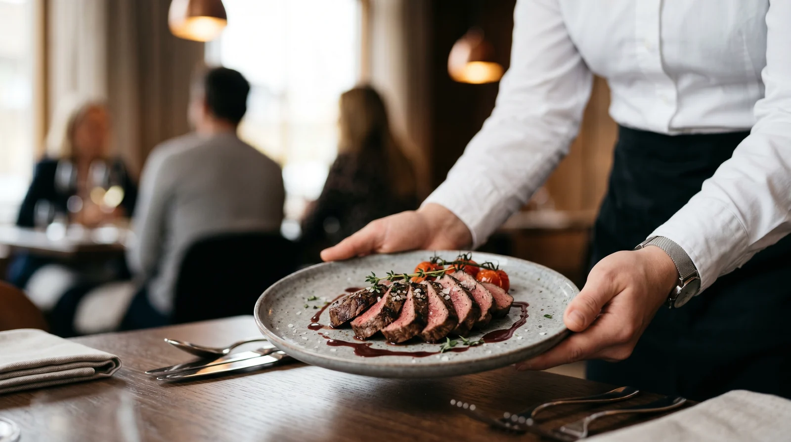 Prato de carne kosher sendo servido em ambiente de evento com convidados ao fundo