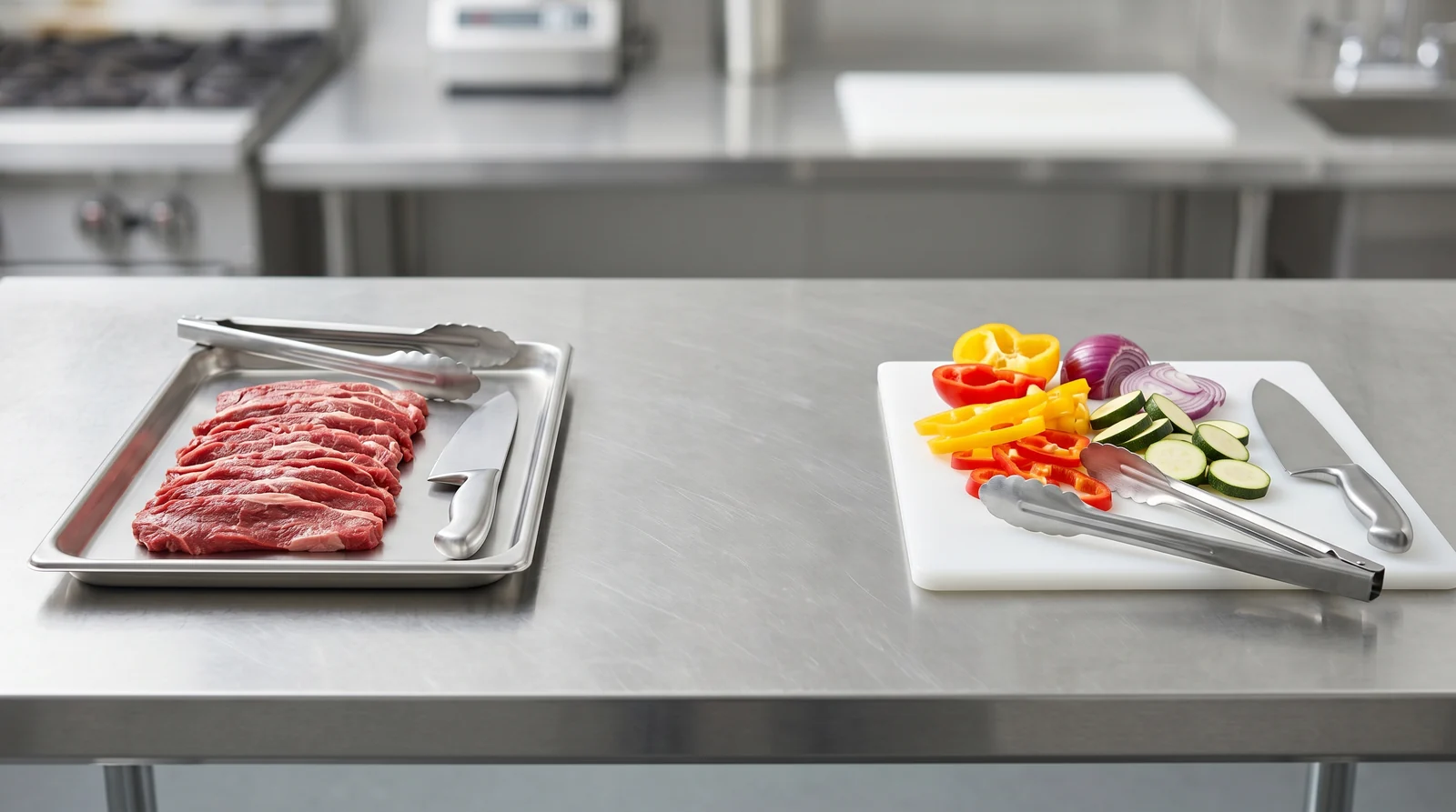 Bancada técnica com carne kosher separada de legumes e utensílios de preparo