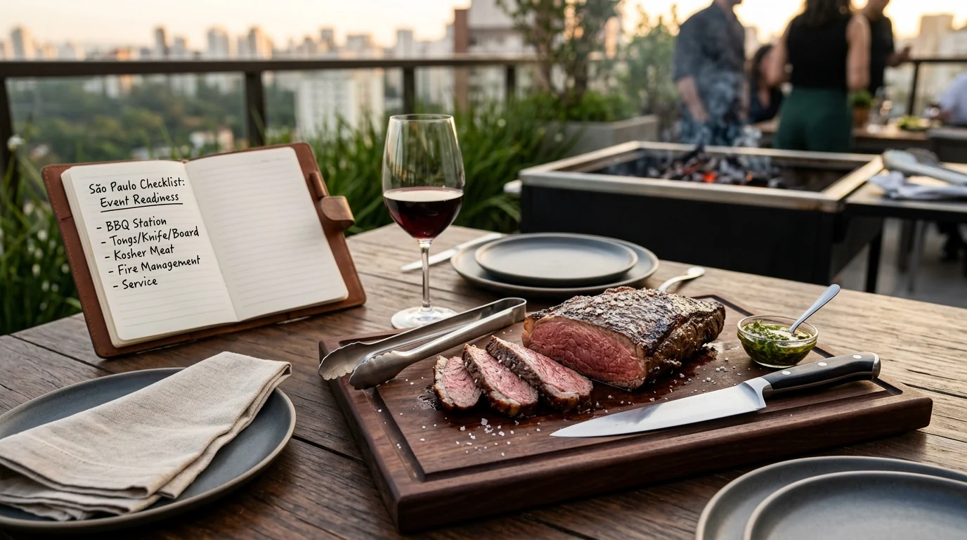 Mesa de churrasco kosher com tábua, utensílios e agenda de briefing para organização do evento