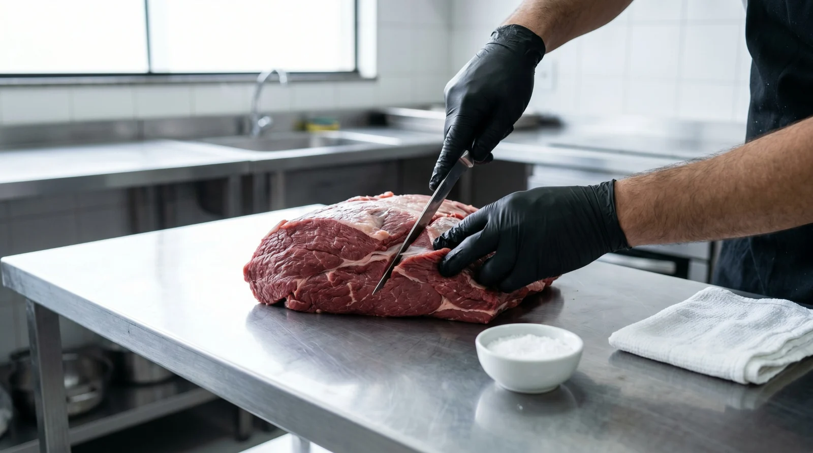 Profissional realizando corte técnico em peça bovina para conteúdo sobre dianteiro kosher