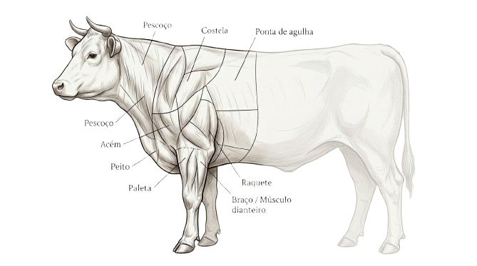 Ilustração técnica do bovino com marcação de cortes do dianteiro utilizados como referência para carne kosher