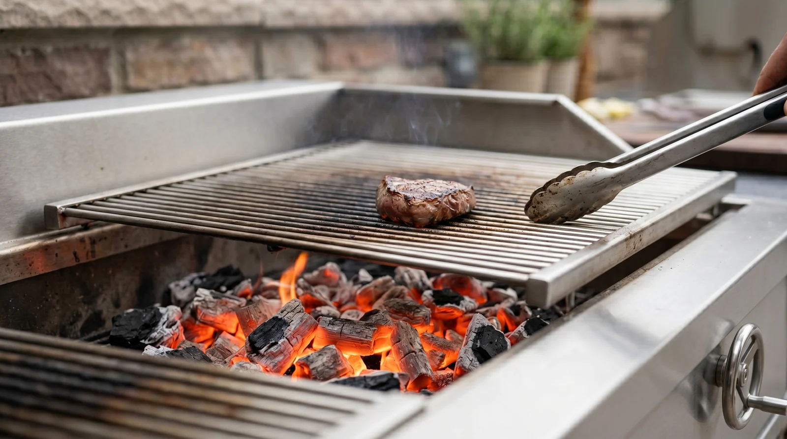 Carne sobre grelha com brasa controlada em churrasqueira profissional