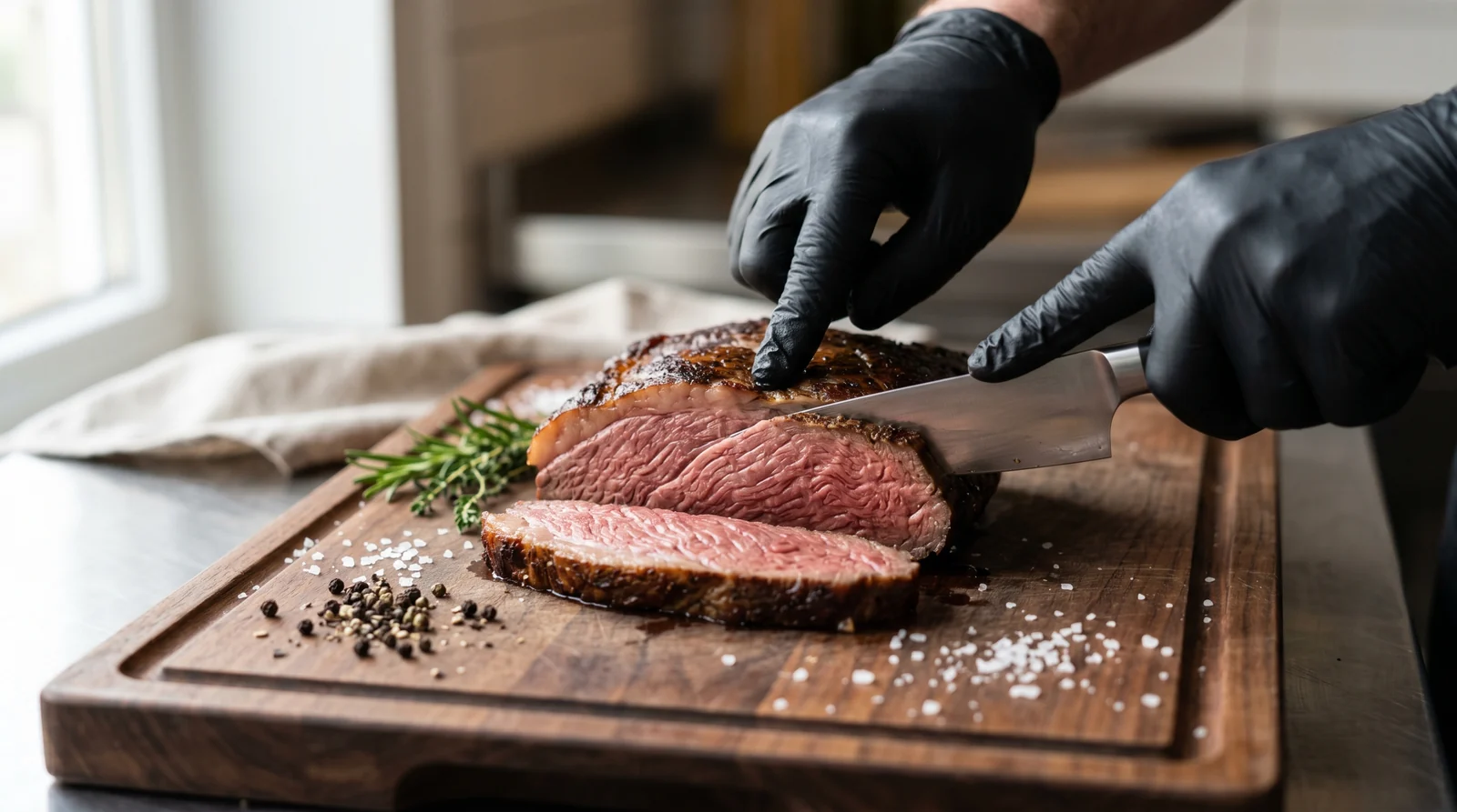 Especialista fatiando carne e observando ponto, fibra e textura antes do serviço