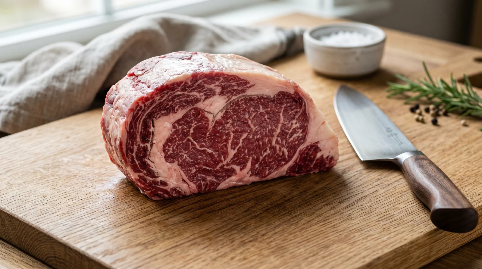 Peça de carne crua sobre tábua com faca, sal e ervas para avaliação técnica antes da churrasqueira