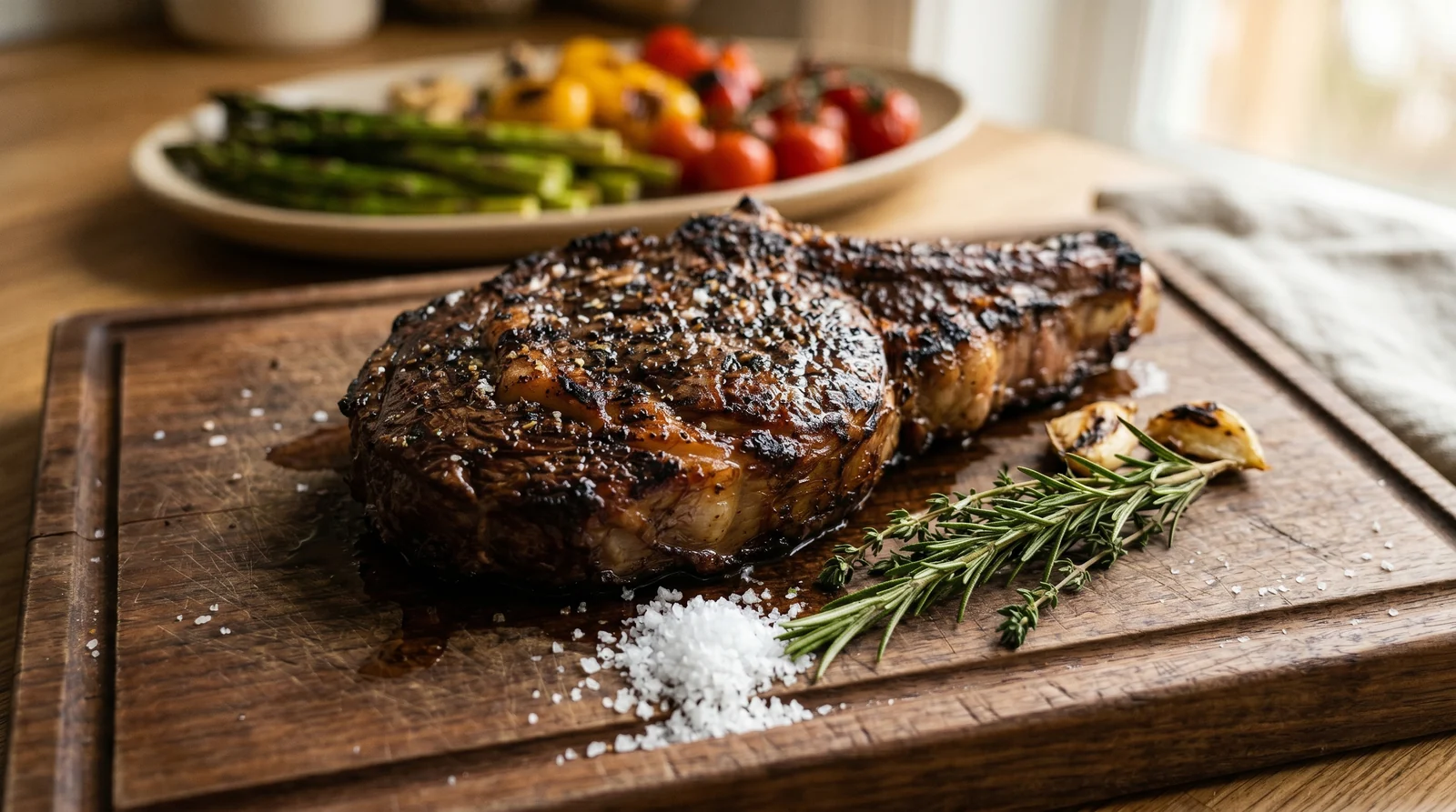 Carne pronta em tábua com sal, ervas e acompanhamentos ao fundo