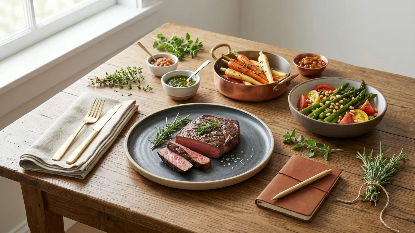 Mesa com carne kosher, legumes grelhados e planejamento de evento