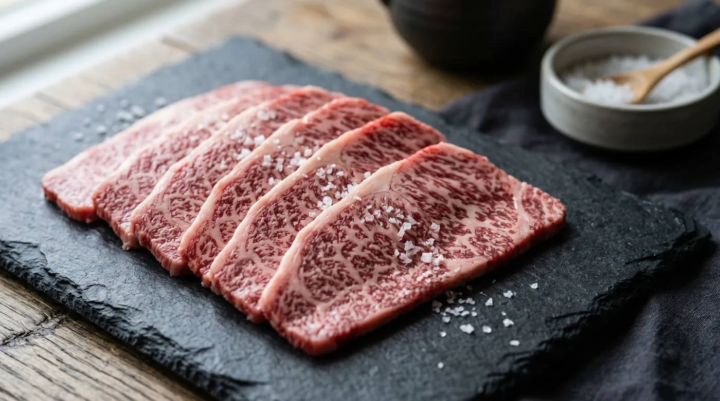 Wagyu, marmoreio e maciez: por que gordura intramuscular muda a experiência — imagem editorial de carne bovina e qualidade técnica