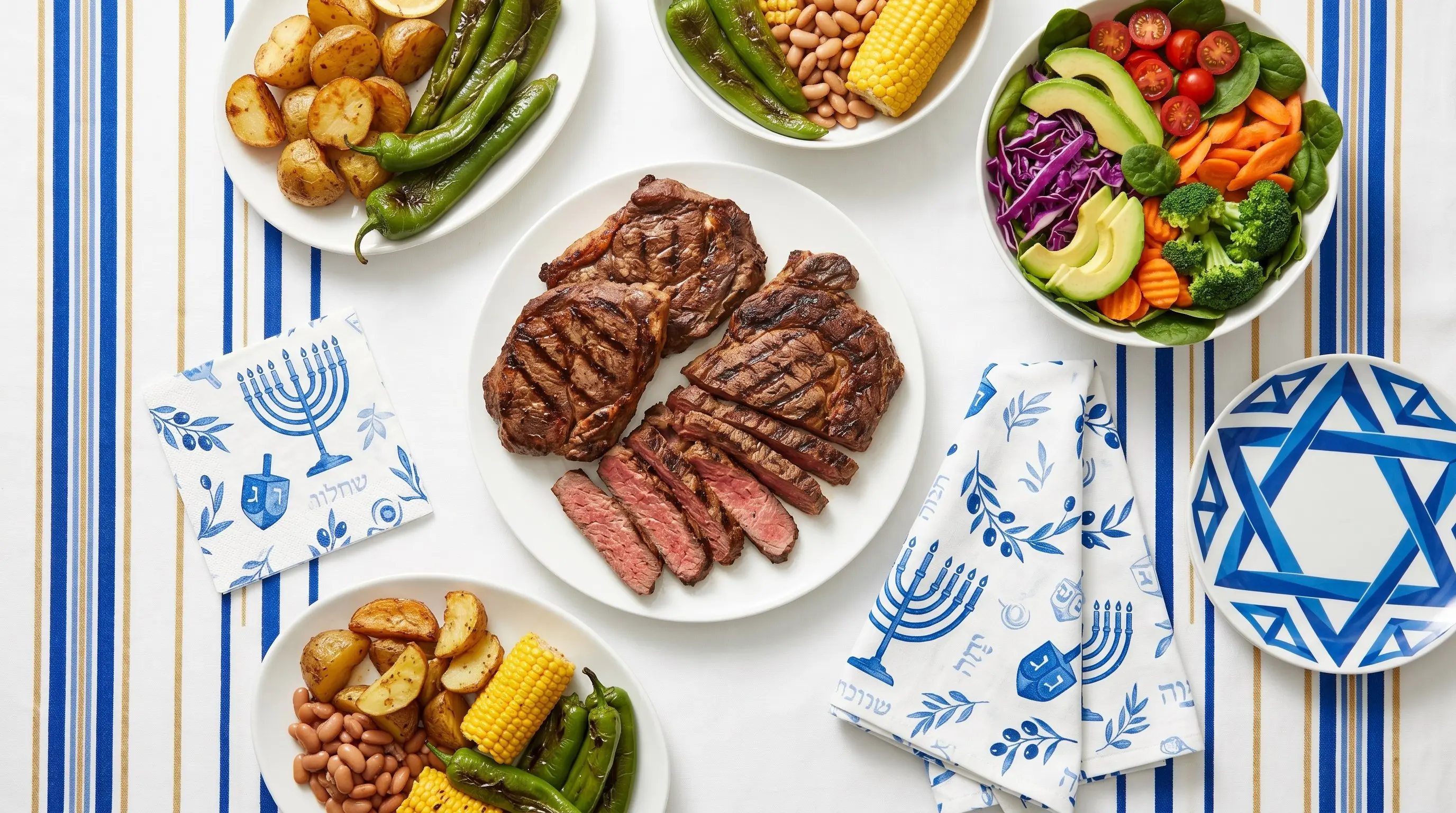 Mesa kosher com vista para horta e servida com pratos especiais