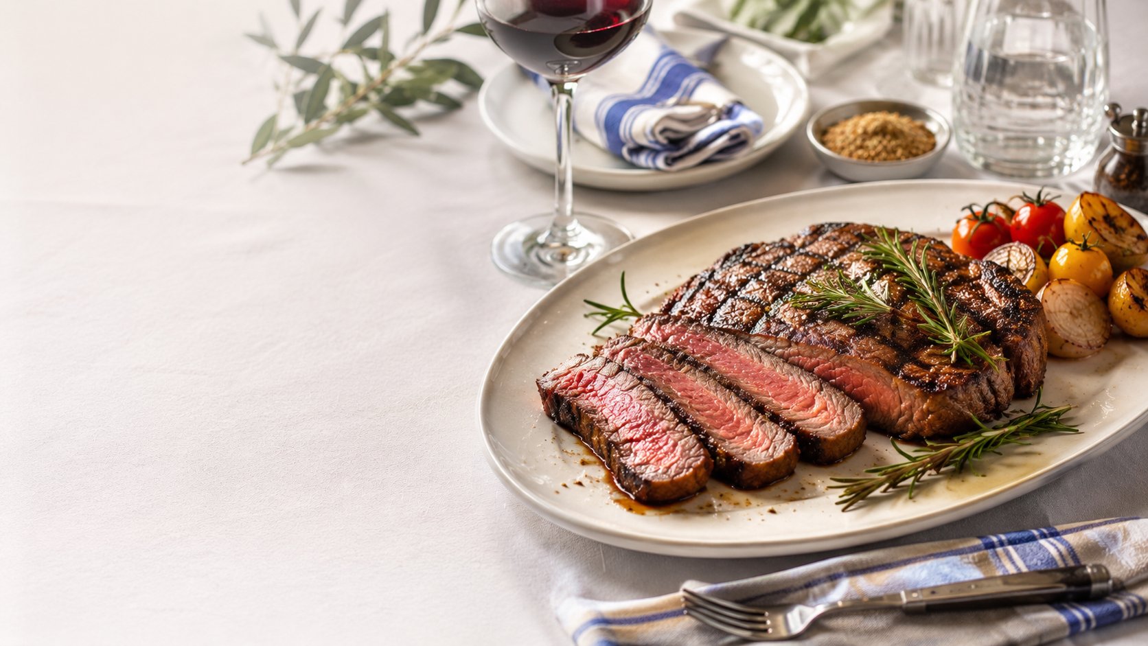Churrasco kosher em tábua rústica com especiarias e alecrim